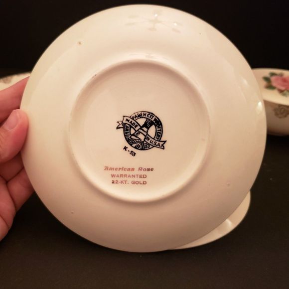 American Rose Cups Saucers Paden City Pottery Pink Roses Gold Vintage 4 sets - Picture 8 of 16